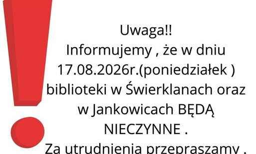 Zdjęcie do 17.08.2026 (poniedziałek )nasze biblioteki są nieczynne 